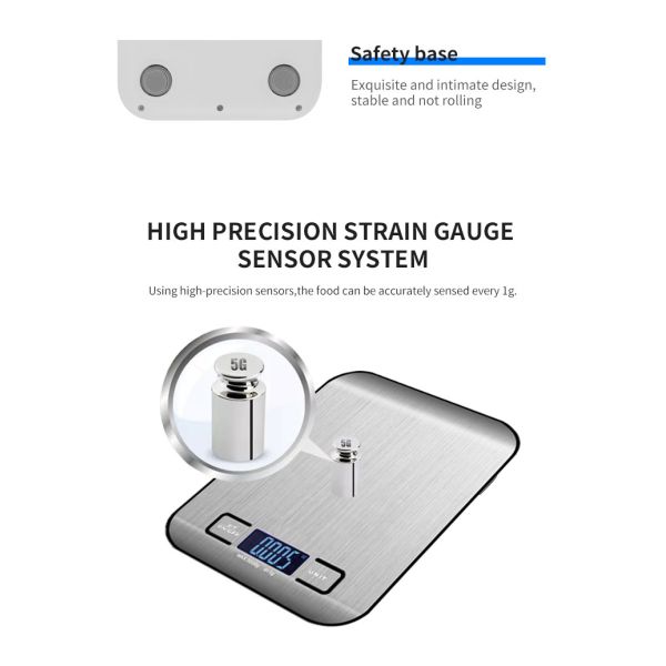 Digital Display Precise Rectangle Stainless Steel Kitchen Scale for Electronic Food Measurement Range 5kg 15kg Battery
