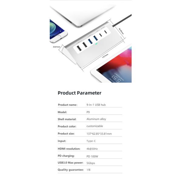 Additional Features 9 in 1 USB-C Docking Station with User Manual and Compact Design Included