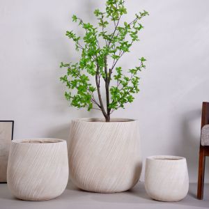 Diagonal Lines Pattern Neutral Beige Round Fiber Clay Planter Weatherproof