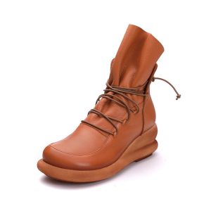 China S093 New women's shoes retro leather elastic lace-up fashion short boots thick-soled wedges women's boots on sale