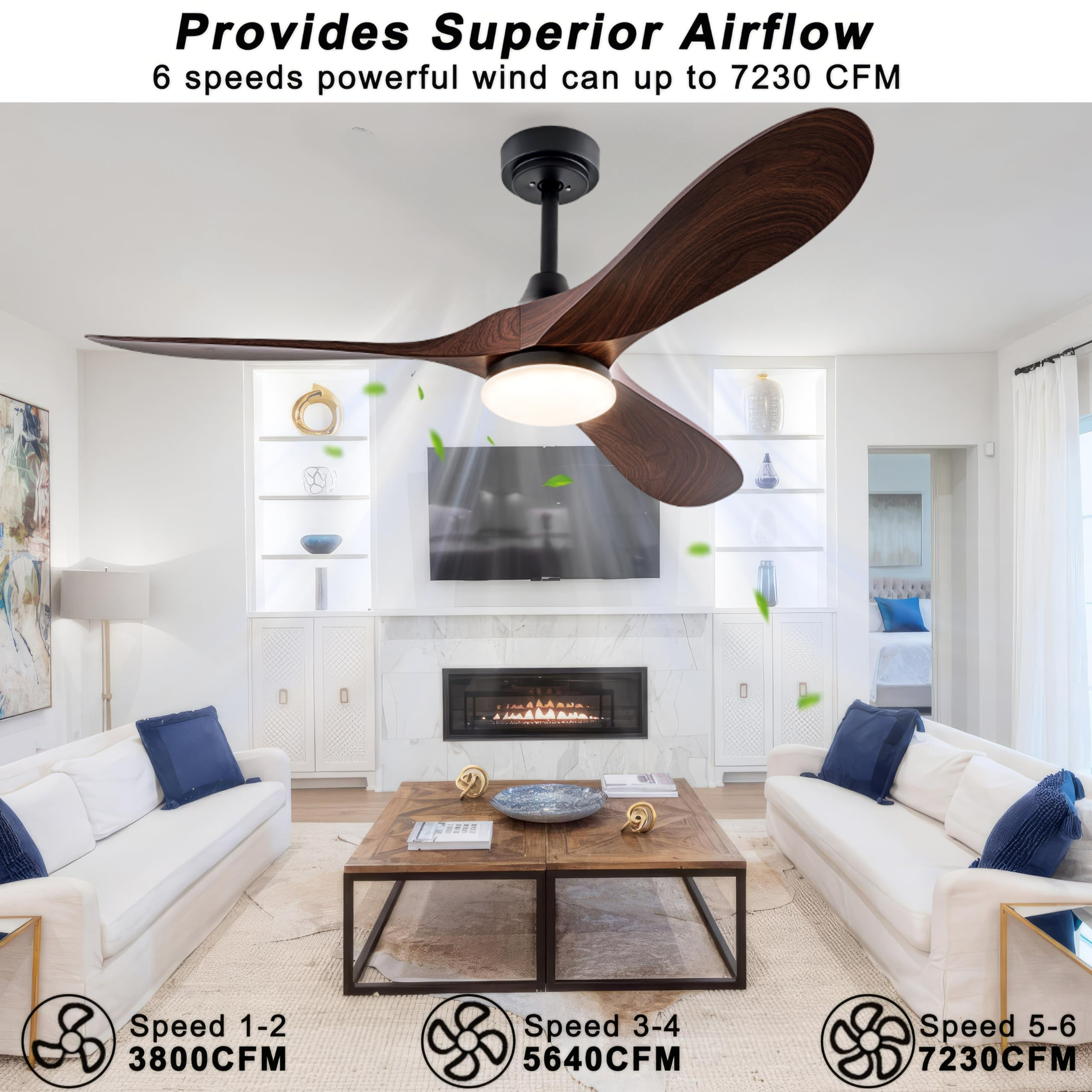 Wholesale factory 60" White Wood Blade Ceiling Fan With Light, Energy Efficient