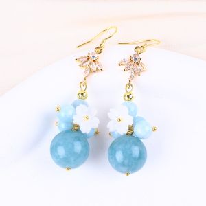 Custom DIY Crystal Aquamarine With White Flower Charm Round Shape Bead Earring