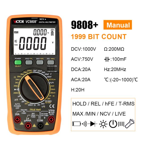 VICTOR VC9808+ digital Multimeter 2000uF capacimeter 10MHz Frequency temperature
