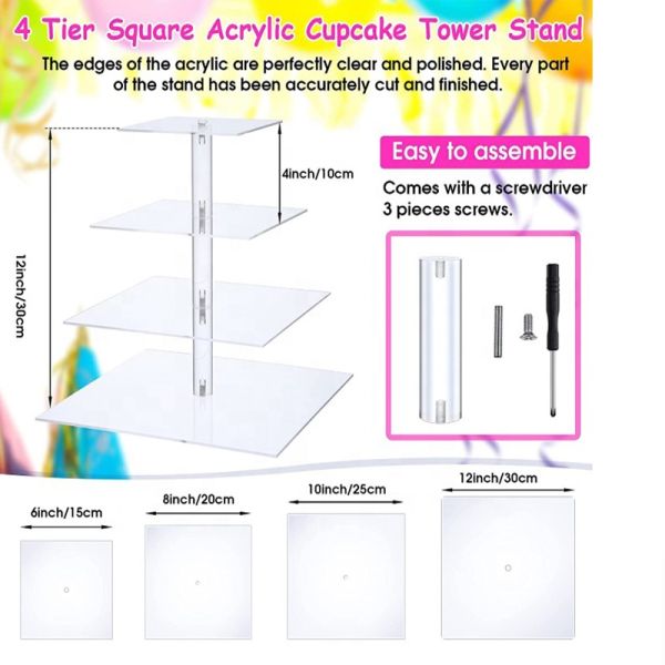 4-layer square acrylic Cupcake display rack LED light string pastry dessert service plate is suitable for Birthday wedding party