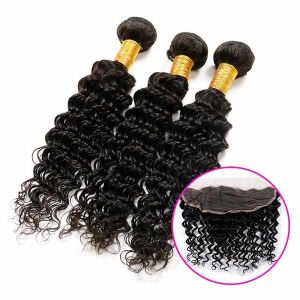 Double Sewed Weft 8A Virgin Brazilian Hair Extensions Deep Wave With Frontal