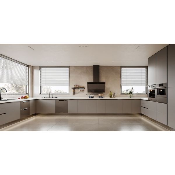 Titanium Grey Color Luxe U-Shaped Kitchen With No Wall Cabinet Design