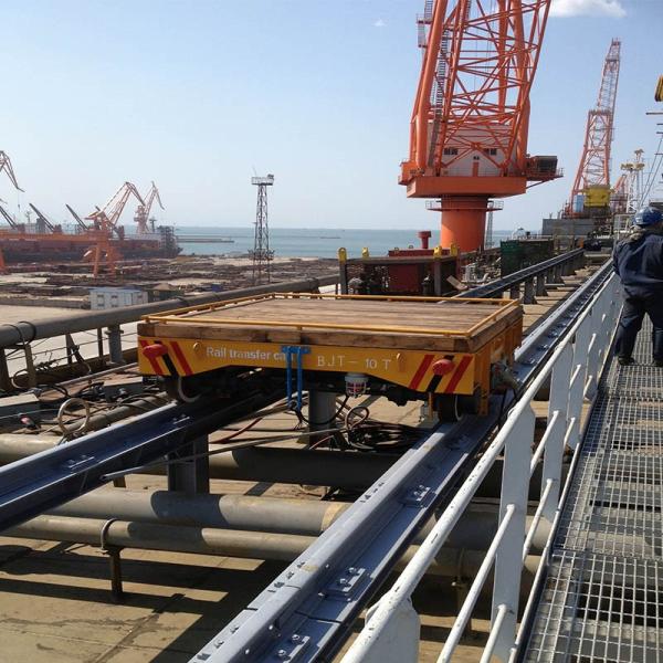 Shipyard use motorized towed rail transfer platform cart on ramp
