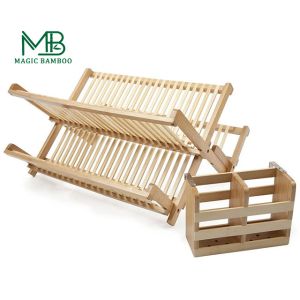 BAMBOO Rectangle Folding Plates Cups Stand Holder Collapsible Dish Drying