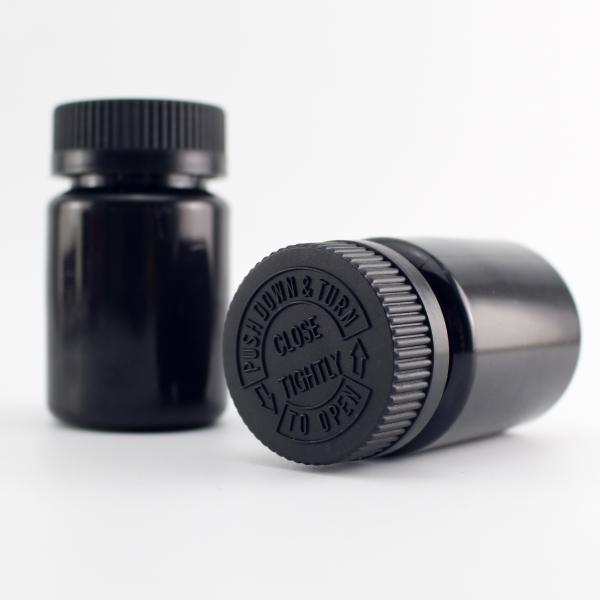Black Color 75cc Medicine Pill Bottles Round Shape With Childproof Cap