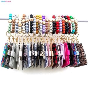 Leopard Keychain Wallet With Wristlet Bangle Bracelet Silicone Beads Bracelet PU