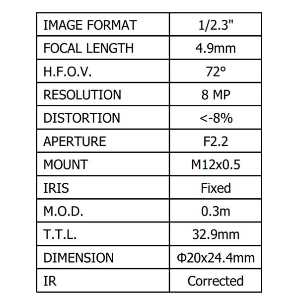 1/2.3" 4.9mm 8 Megapixel Low distortion less than 8%, S mount lens ,CCL123049MP lens for MT9M111 to MT90006,MT9P031
