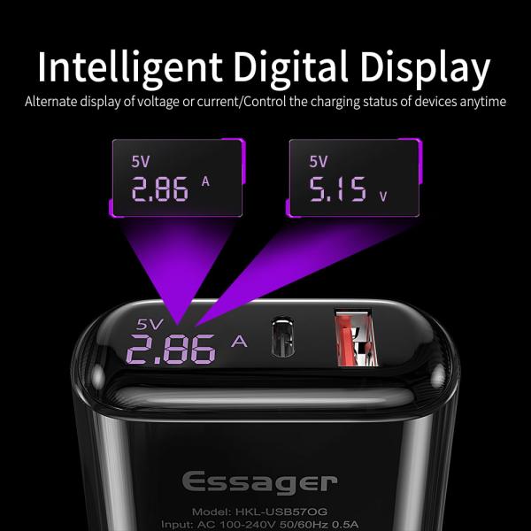 Essager 2021 Shining LED Display 3A Fast Charger USB Type Charger Cable USB PD QC3.0 Mobile Phone Charger