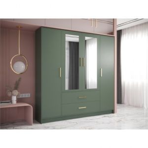Modern Design Custom Clothes Wardrobe with Black Glass Door Panel and Mirror