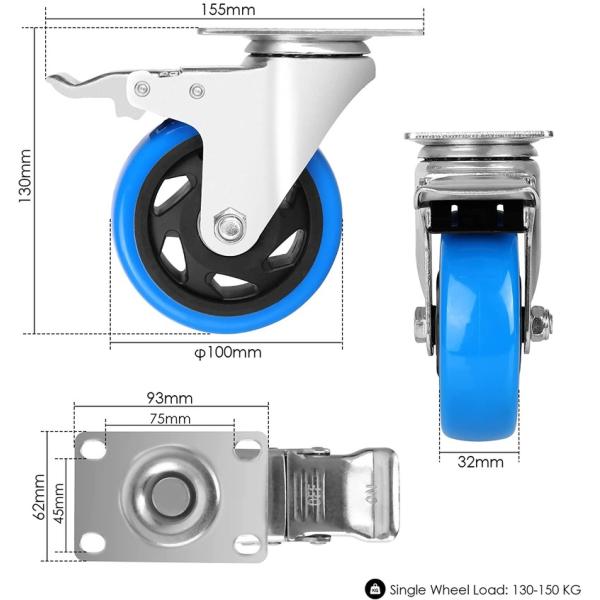 194mm Height Total Lock Brake Type 3 Ton Heavy Duty PU Caster Wheel for Heavy