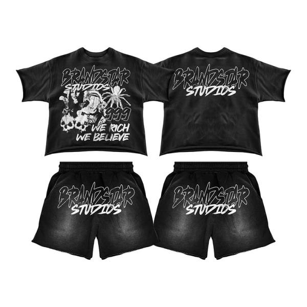 Custom Vintage Short Set Acid Wash Print Boxy T Shirts Double Layer Waist Shorts T-Shirt Dtg Print Crop Tshirt and Shorts Set