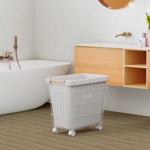 Wholesale Home Rectangle Iron Metal Wire Laundry Basket with Bamboo Handle and Wheels from china suppliers