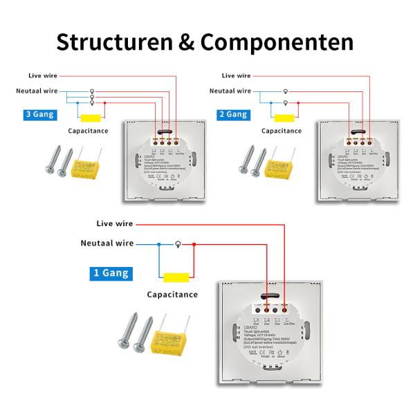 UABRO EU/UK Standard 2Gang Wall Light Touch Switch Luxury Glass Panel Led Indicator 220V 10A 5-300W/Gang