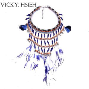 Wholesale VICKY.HSIEH Fashion Rhodium Tone Fabric Wrapped Chain Feather Tassel Statement Choker Necklace from china suppliers