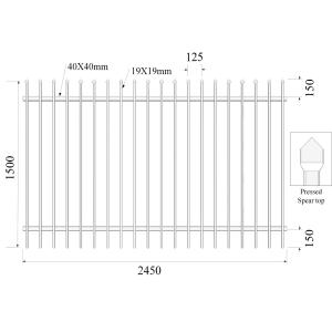 Pressed Top Spear H1500mmxW2450mm Rail 40mmx2 Picket 19mmx19mm Hercules Fencing