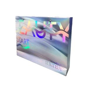 boutique Custom Printed Paper Bags Holographic Shopping Bag With Ribbon Handle