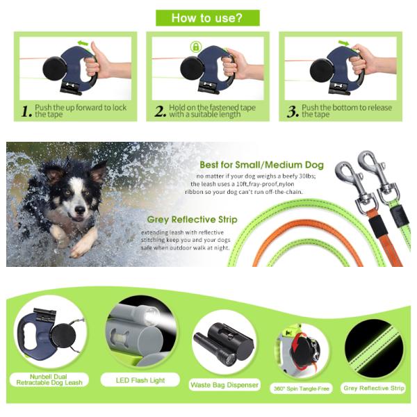 Reflective Dual Retractable Dog Leash Heavy Duty Elastic Belt with LED Flashlight Poop Bags