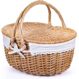 Wicker Picnic Basket with Lid and Handle Sturdy Woven Body with Washable Lining