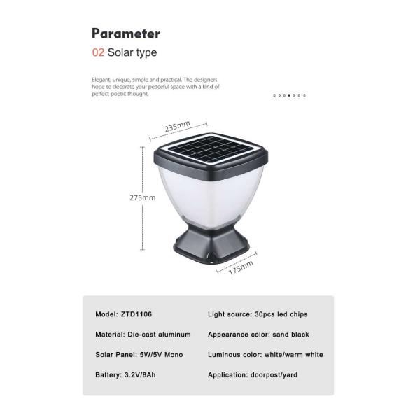 Solar Wall Pillar Light For Garden Fence Landscape With 3000K/6500K Color Temperature