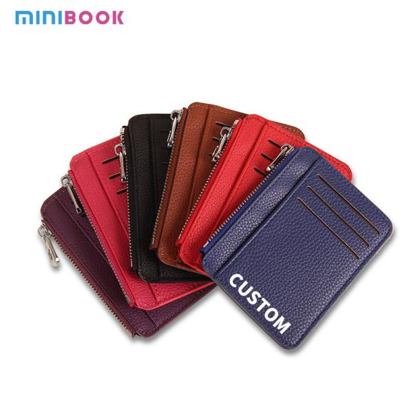 Customize ID Card Holder Wallet Leather with Zipper and 4 Slots Pocket Solid
