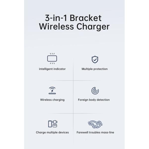 Aluminum Alloy 3 In 1 Qi Bracket Wireless Charger 12v Input Voltage 110-205khz Working Frequency
