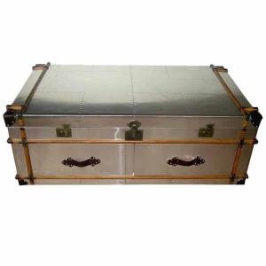 China Industrial aviator metal trunk coffee table Aluminium antique steamer trunk silver old trunk table with drawers on sale