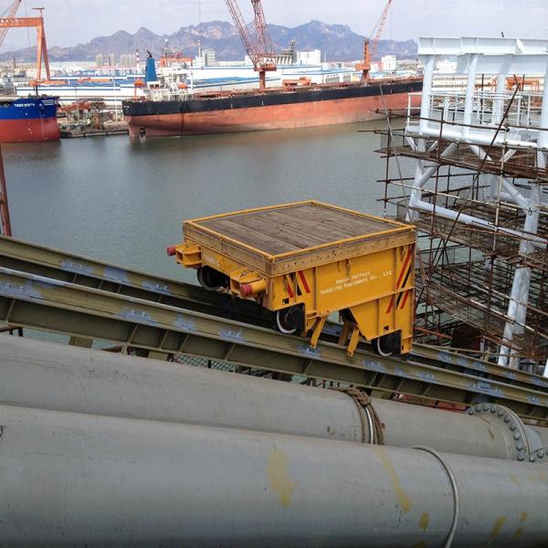 Shipyard use motorized towed rail transfer platform cart on ramp