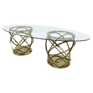 Oval Shape Tempered Glass Dining Table 240x120x75cm White Reeded Pillar
