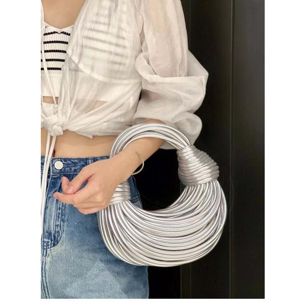 Solid Color Pattern Double Knotted Shoulder Bag Casual Small Handmade Tote for Women