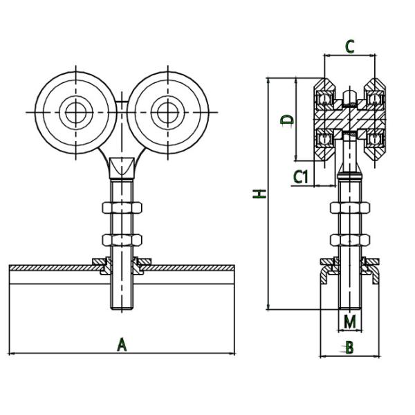 Silver Four Rollers Slide Hanging Door Rollers 44mm With Forge Centre Plate