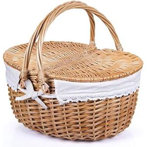 Wicker Picnic Basket with Lid and Handle Sturdy Woven Body with Washable Lining