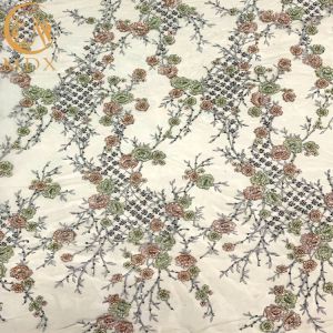135Cm Width Green 3D Embroidery Lace Fabric With Luxury Beading