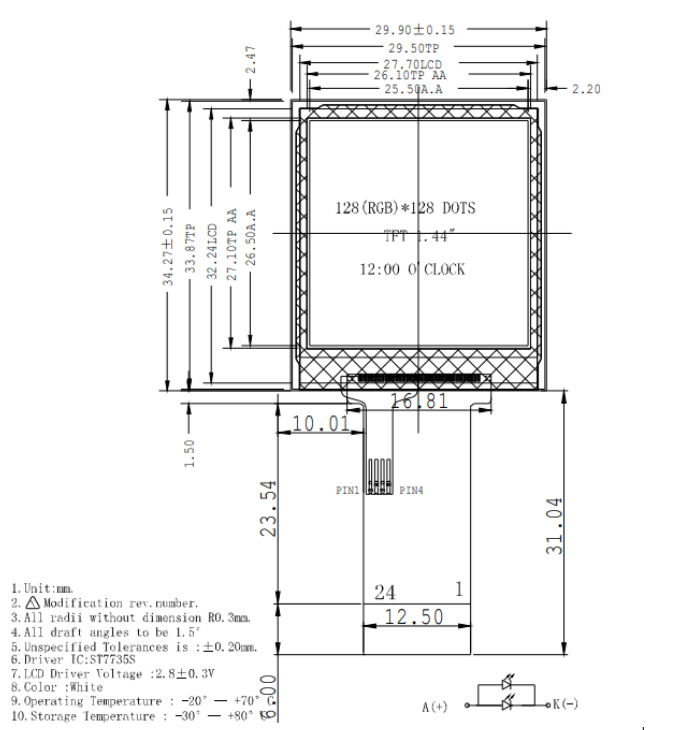 1.44 inch TFT LCD display technical drawing and dimensions