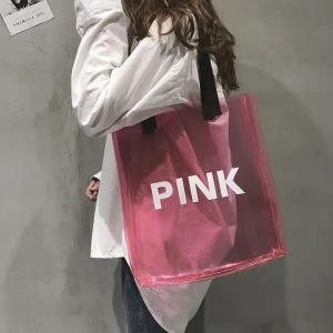 Wholesale Custom woman clear pink pvc laser transparent shiny handbags lady shoulder beach summer pvc tote bags with custom printe from china suppliers