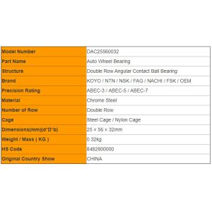 Large Stock NSK DAC25560032 Hub Bearing Units 25mmID / 56mmOD