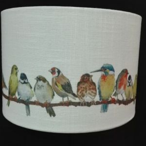 Archaistic Bird Print Lamp Shade Drum Design On Faux Linen