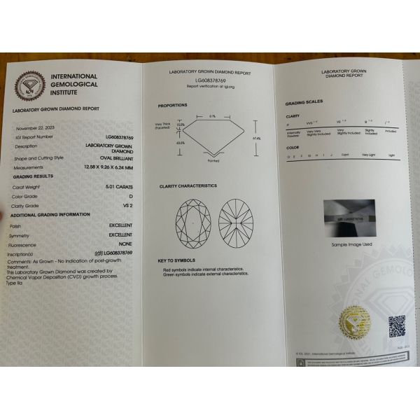 5.01ct Man Made Diamonds Oval Cut CVD D VS2 2EX N IGI Lab Diamonds