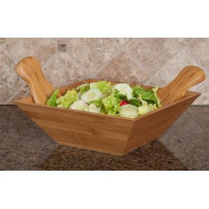 Bamboo large square salad bowl with serving hands