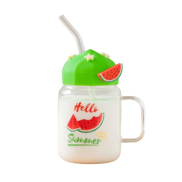 Summer Transparent Fruit High-temperature Glass Cup Cute Large-capacity Covered Straw Student Girls' Milk Breakfast Cup