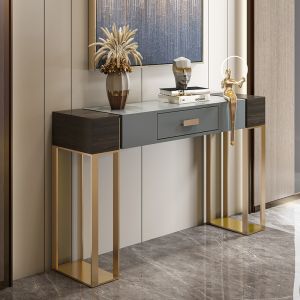 Wooden Console Table With Marble Top And Drawers Brass Gold