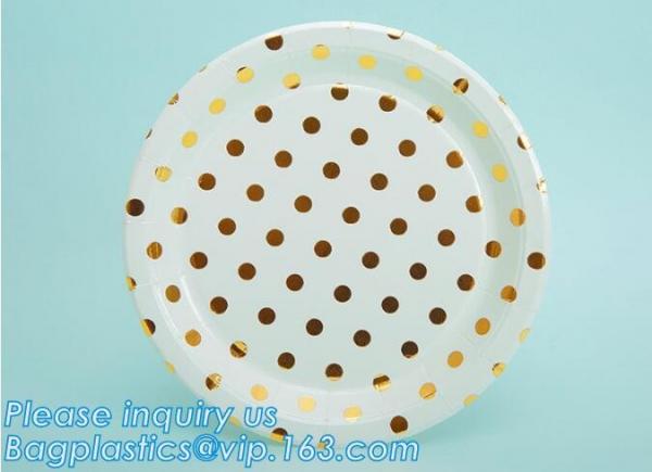 New Design birthday Party Gold Foil Golden Dot Hot Stamped Disposable Paper Plate,12 inch large disposable round bagasse