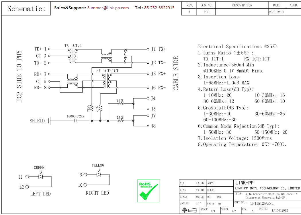 J1B321ZDD MagJack RJ45 LPJ15125AENL 10 / 100base-T Tab-up Shielded With LEDs