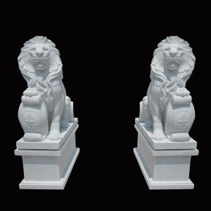 China White Garden Cast Iron Decor Carved Stone Pair Animals Lion Polished Finishing on sale