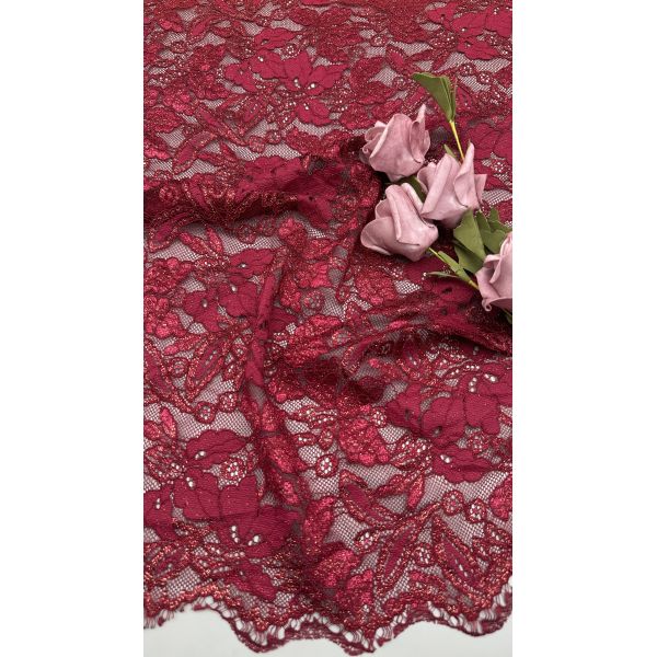 Red Embroidered Lace with Spark Precision Leafy Romantic Fabric for Party Gowns