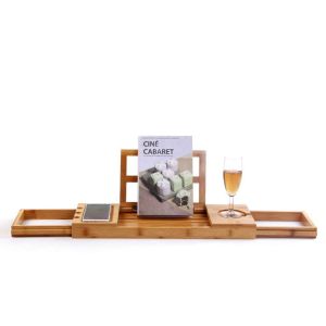 Modern Bath Bamboo Tray Caddy Extendable Bath Rack Tray