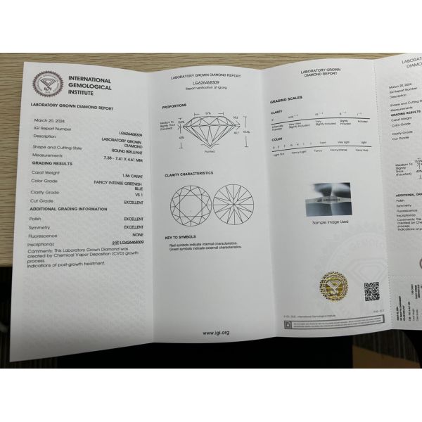1.56ct Fancy Intense Greenish Blue Lab Grown Diamond Round Cut CVD FVS1 3EX N IGI